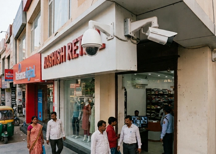 Commercial security cameras covering a retail store entrance